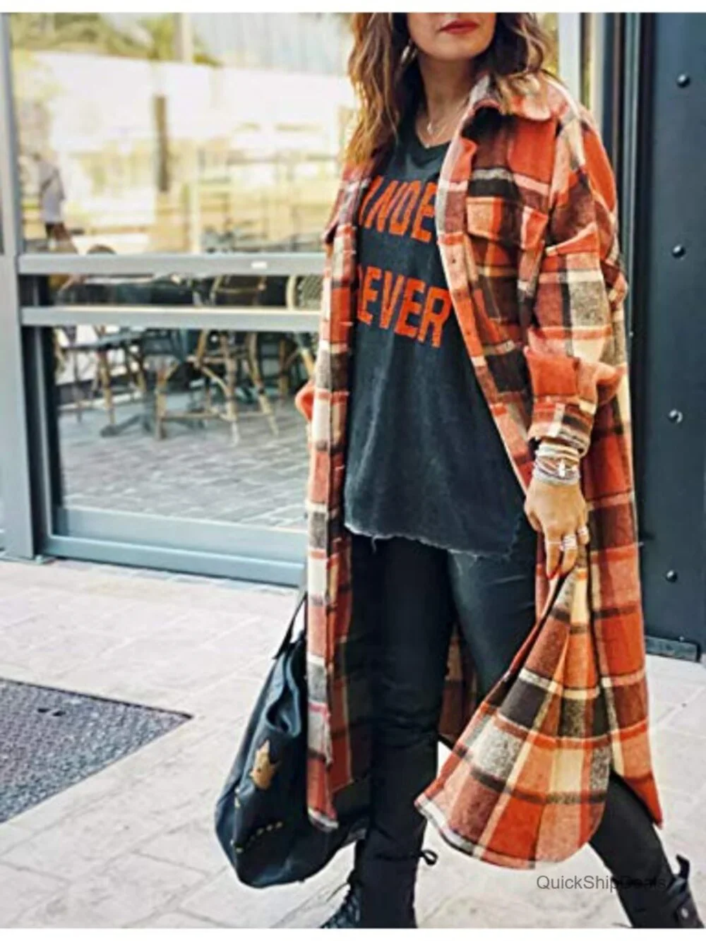 Wool Blend Plaid Flannel Trench Coat Women Button Down Long Shacket